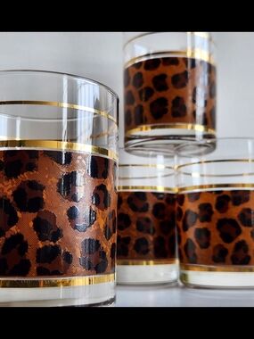Leopard Print Gold-Trim Tumblers - Brown Glass Set